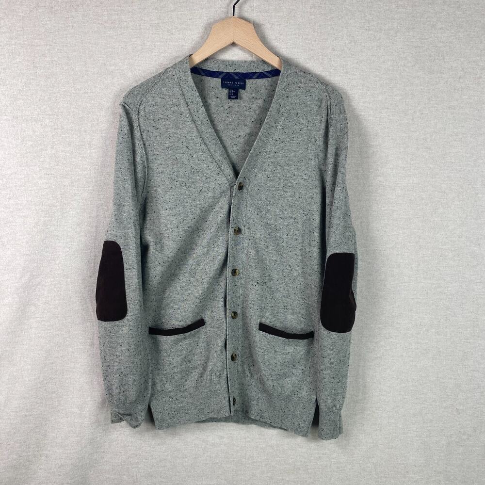 Thomas Parker Mens Cardigan Sweater Size Medium Suede Elbow Patches Grandpacore